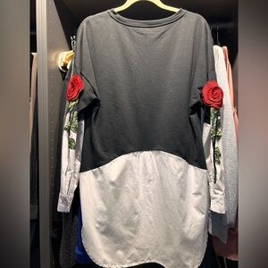 SHEIN Black and White Sweatshirt with Red Floral Embroidery